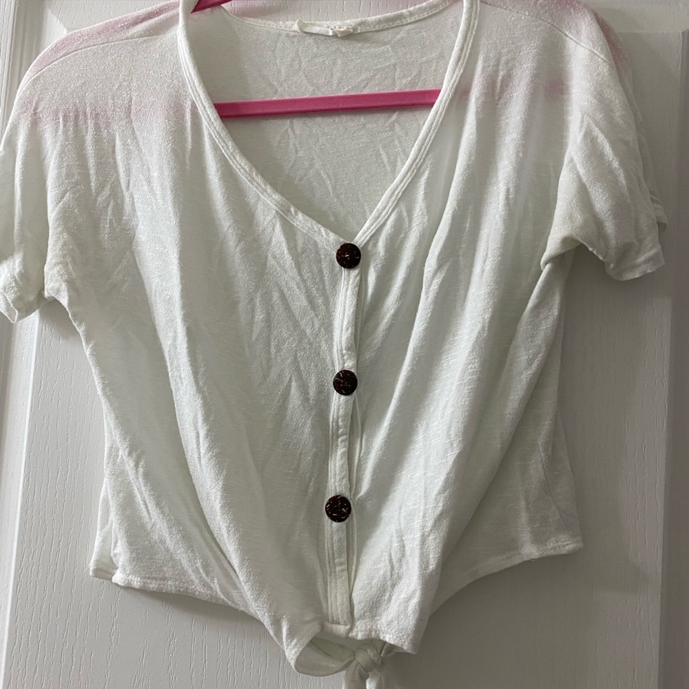white button down crop top with tie in front